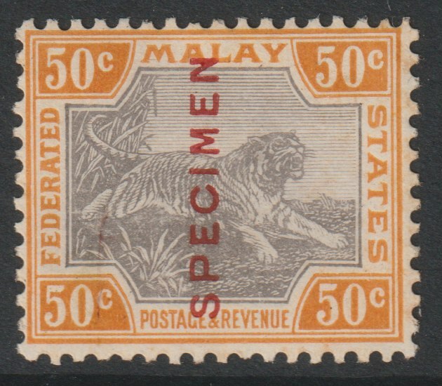Malaya - Federated Malay States 1904 Tiger MCA 50c overprinted SPECIMEN with gum and only about 750 produced SG 47s, stamps on specimens