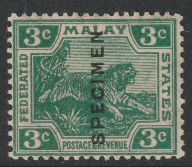 Malaya - Federated Malay States 1922 Tiger Multiple Script 3c green overprinted SPECIMEN with gum and only about 400 produced SG 57s, stamps on specimens