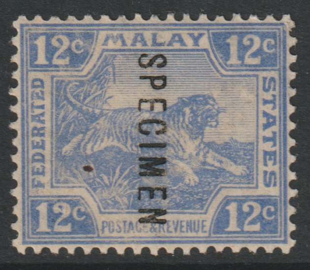Malaya - Federated Malay States 1922 Tiger Multiple Script 12c blue overprinted SPECIMEN with gum and only about 400 produced SG 68s, stamps on specimens