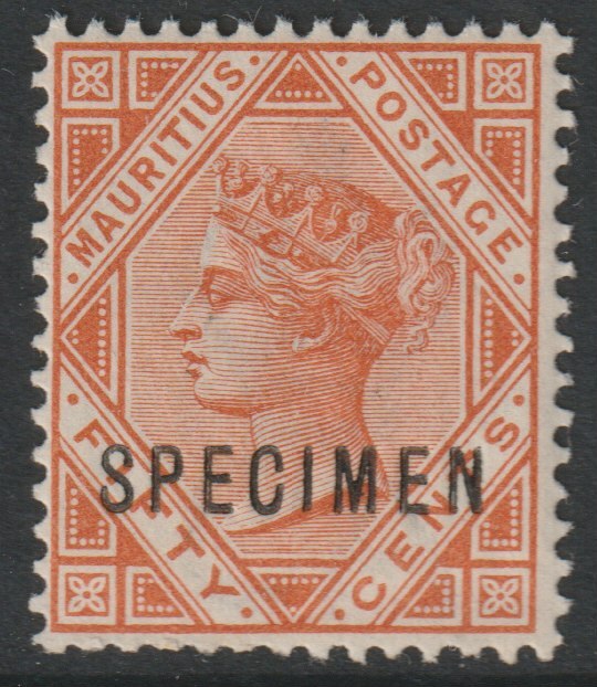 Mauritius 1883 QV Crown CA 50c orange overprinted SPECIMEN with gum and only about 750 produced SG 111s, stamps on specimens