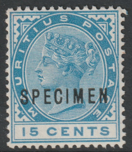 Mauritius 1883 QV Crown CA 15c blue overprinted SPECIMEN without gum but only about 750 produced SG 108s, stamps on specimens