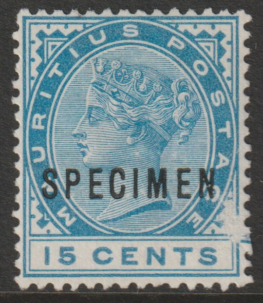 Mauritius 1883 QV Crown CA 15c blue overprinted SPECIMEN without gum but only about 750 produced SG 108s, stamps on specimens