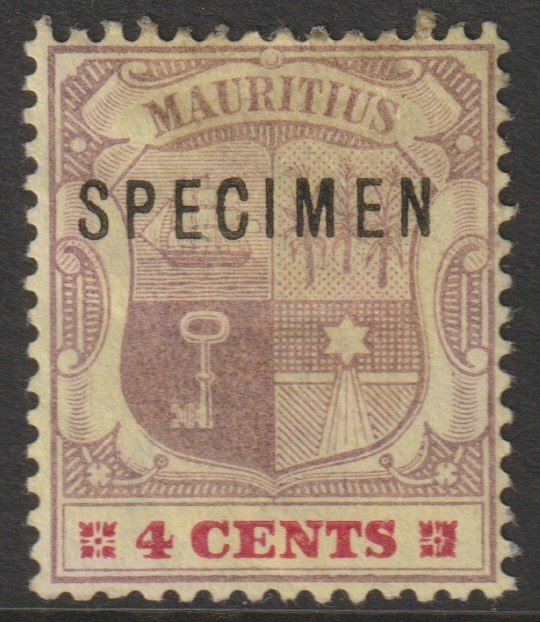 Mauritius 1895 Arms Crown CA 4c overprinted SPECIMEN heavily mounted but only about 750 produced SG 130s, stamps on , stamps on  stamps on specimens