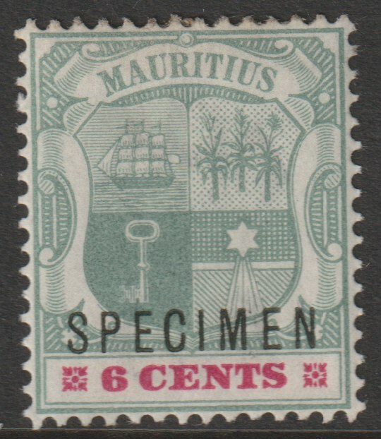 Mauritius 1895 Arms Crown CA 6c overprinted SPECIMEN with gum and only about 750 produced SG 131s, stamps on specimens