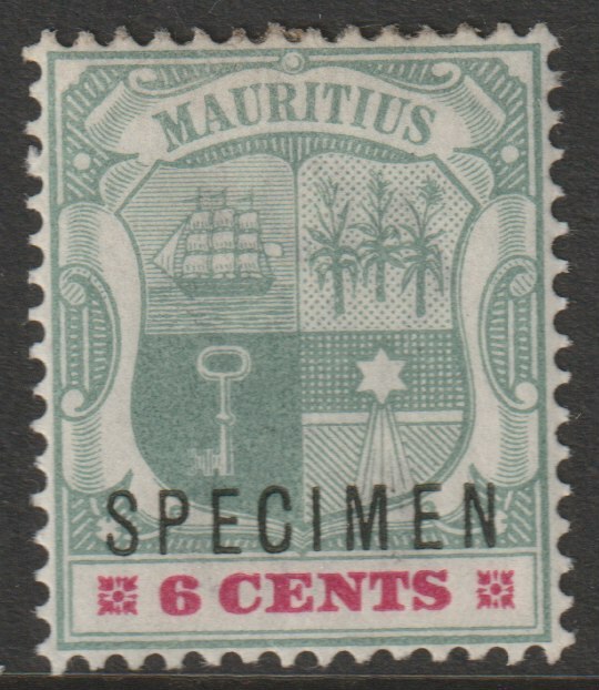Mauritius 1895 Arms Crown CA 6c overprinted SPECIMEN with gum and only about 750 produced SG 131s, stamps on specimens