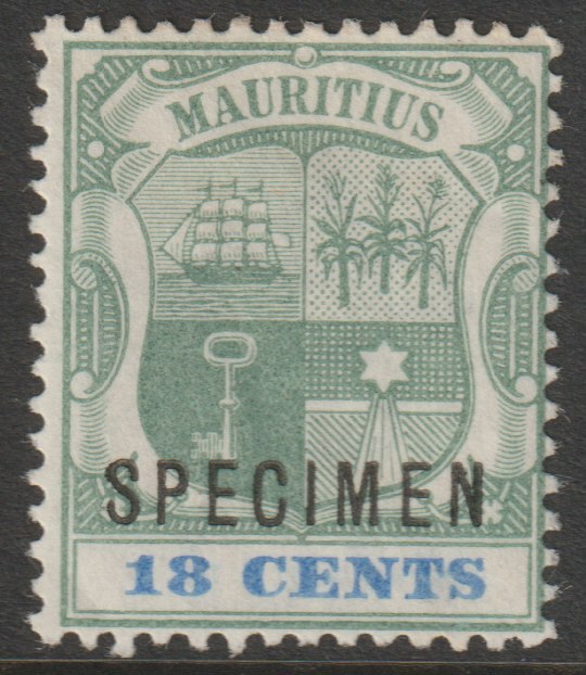 Mauritius 1895 Arms Crown CA 18c overprinted SPECIMEN with gum and only about 750 produced SG 132s, stamps on specimens