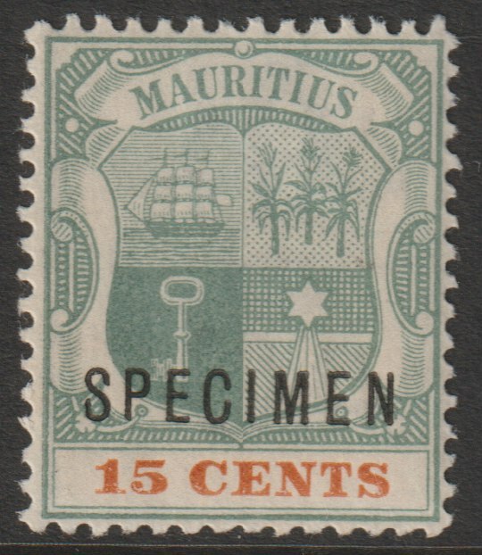 Mauritius 1900 Arms Crown CA 15c overprinted SPECIMEN with gum and only about 750 produced SG 149s, stamps on specimens