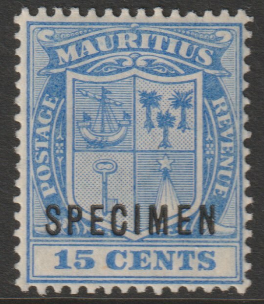 Mauritius 1910 Arms MCA 15c blue overprinted SPECIMEN with gum and only about 400 produced SG 189s, stamps on specimens
