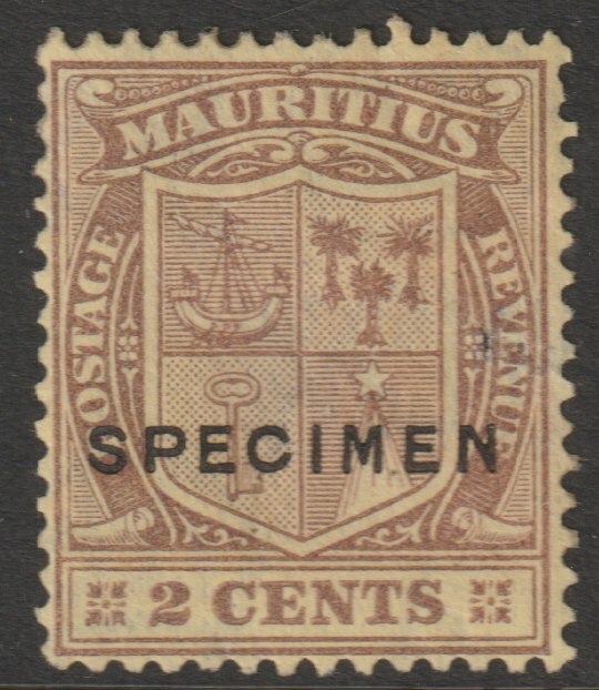 Mauritius 1921 Arms Multiple Script 2c purple on yellow overprinted SPECIMEN with gum but small thin, only about 400 produced SG 207s, stamps on specimens