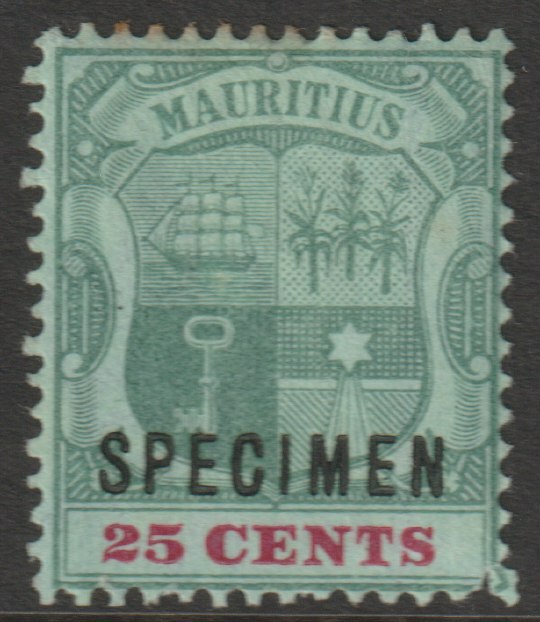 Mauritius 1900 Arms Crown CA 25c overprinted SPECIMEN with gum and only about 750 produced SG 151s, stamps on specimens