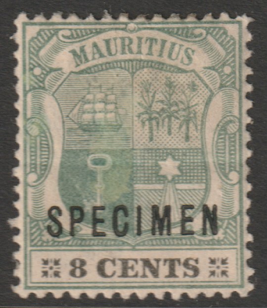 Mauritius 1900 Arms Crown CA 8c overprinted SPECIMEN with poor gum but only about 750 produced SG 151s, stamps on specimens