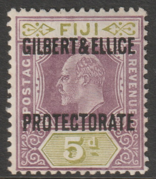 Gilbert & Ellice Islands 1911 KG5 opt on Fiji 5d overprinted SPECIMEN with gum but slight discoloration, only about 400 produced SG 5s, stamps on specimens