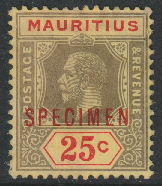Mauritius 1913 KG5 MCA25c overprinted SPECIMEN some gum and only about 400 produced SG 199s, stamps on , stamps on  stamps on specimens