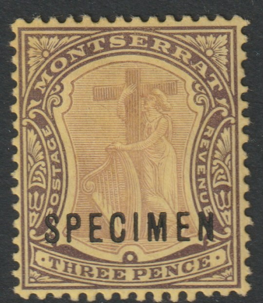 Montserrat 1908 Device of Colony MCA 3d overprinted SPECIMEN with gum and only about 400 produced SG 40s, stamps on , stamps on  stamps on specimens