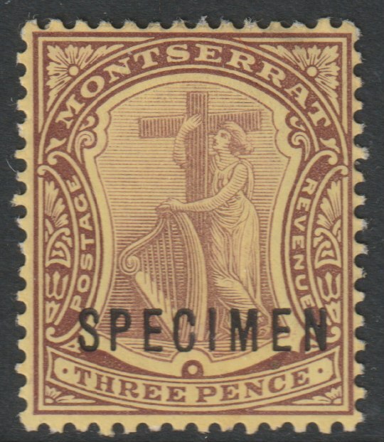 Montserrat 1908 Device of Colony MCA 3d (white back) overprinted SPECIMEN with gum and only about 400 produced SG 40as, stamps on specimens