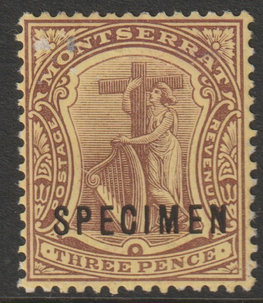 Montserrat 1908 Device of Colony MCA 3d (white back) overprinted SPECIMEN gum faults but only about 400 produced SG 40as, stamps on , stamps on  stamps on specimens