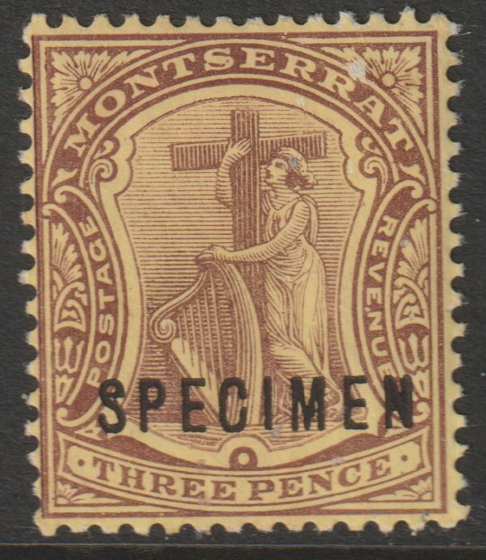 Montserrat 1908 Device of Colony MCA 3d (white back) overprinted SPECIMEN gum faults but only about 400 produced SG 40as, stamps on , stamps on  stamps on specimens