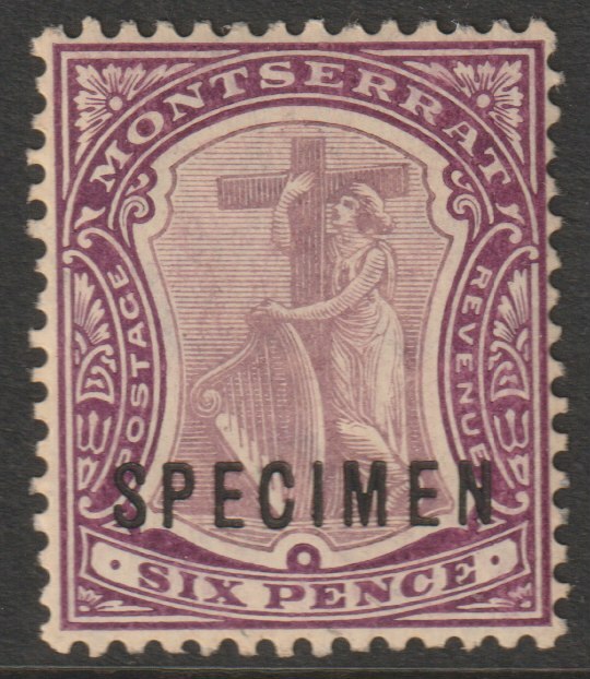 Montserrat 1908 Device of Colony MCA 6d overprinted SPECIMEN with gum and only about 400 produced SG 43s, stamps on specimens