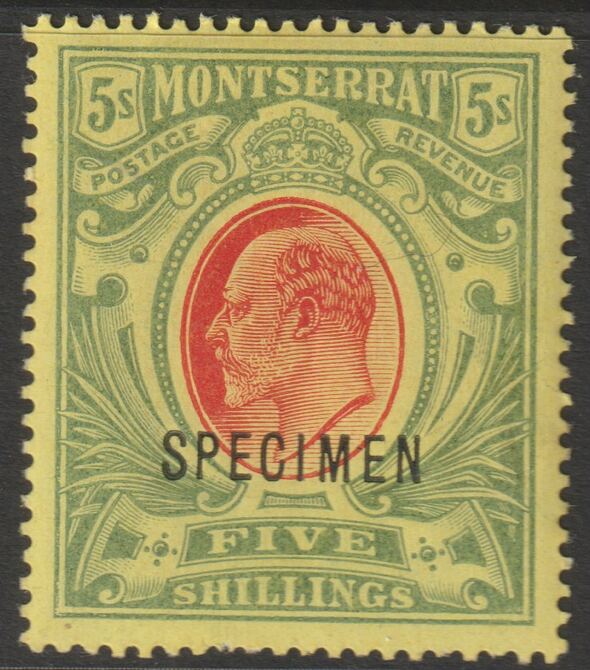 Montserrat 1908 KE7 MCA 5s overprinted SPECIMEN with gum and only about 400 produced SG 47s, stamps on , stamps on  stamps on specimens