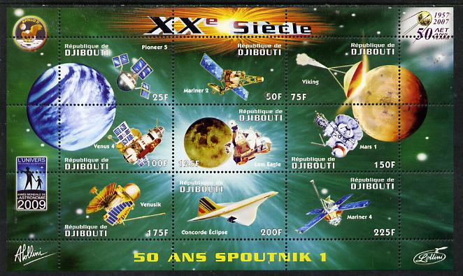 Djibouti 2009 50th Anniversary of Sputnik #01 perf sheetlet containing 9 values unmounted mint, stamps on , stamps on  stamps on space, stamps on  stamps on sputnik, stamps on  stamps on satellites, stamps on  stamps on aviation, stamps on  stamps on concorde, stamps on  stamps on planets, stamps on  stamps on 
