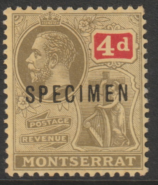 Montserrat KG5 (wmk ???) 4d overprinted SPECIMEN with gum and only about 400 produced , stamps on specimens
