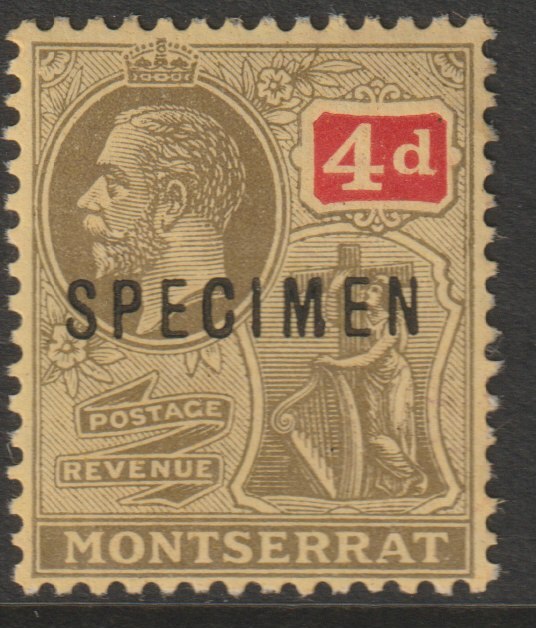 Montserrat KG5 (wmk ???) 4d overprinted SPECIMEN with gum and only about 400 produced , stamps on specimens