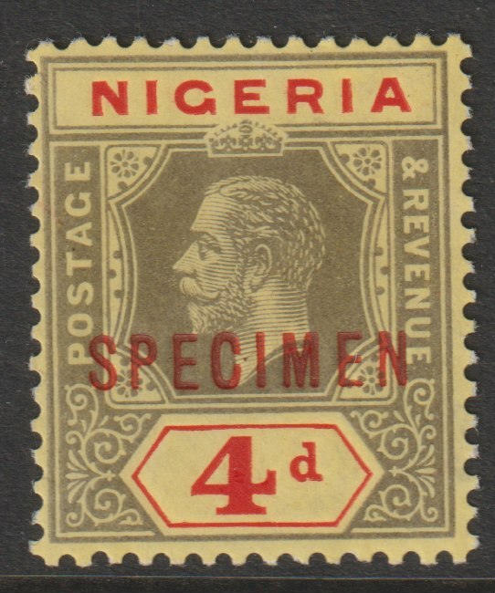 Nigeria 1914 KG5 MCA 4d white back overprinted SPECIMEN fine with gum and only about 400 produced SG 6s, stamps on , stamps on  stamps on specimens