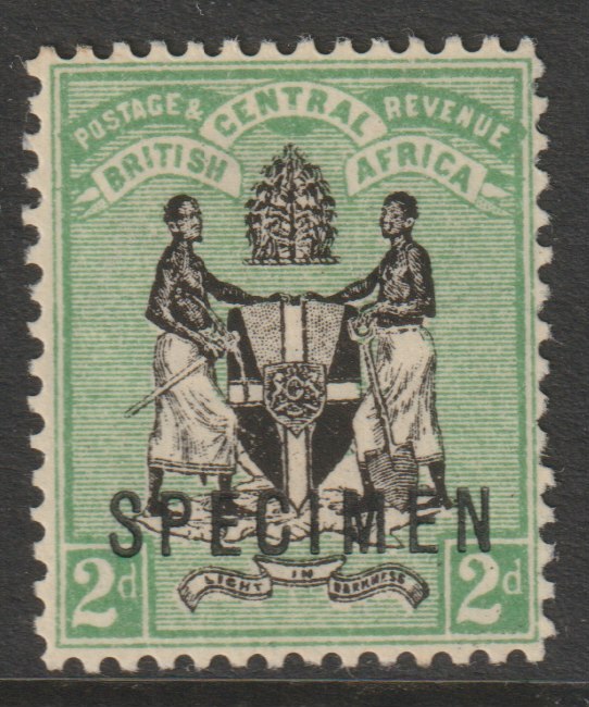 Nyasaland 1896 Arms Crown CA 2d overprinted SPECIMEN with gum and only about 750 produced SG 33s, stamps on specimens