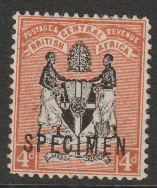 Nyasaland 1896 Arms Crown CA 4d overprinted SPECIMEN without gum but only about 750 produced SG 34s, stamps on , stamps on  stamps on specimens