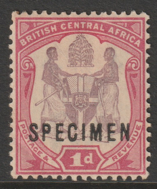 Nyasaland 1901 Arms Crown CA 1d overprinted SPECIMEN some gum but heavy hinge, only about 750 produced SG 57ds, stamps on , stamps on  stamps on specimens