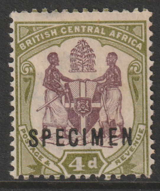 Nyasaland 1901 Arms Crown CA 4d overprinted SPECIMEN some gum and only about 750 produced SG 57es, stamps on specimens
