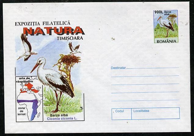 Rumania 1998 illustrated 900L postal stationery envelope featuring White Stork, superb unused condition, stamps on , stamps on  stamps on birds     storks