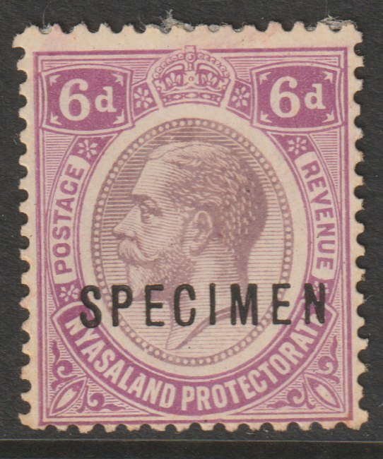 Nyasaland 1913 KG5 Crown CA 6d overprinted SPECIMEN with gum and only about 400 produced SG 92s, stamps on specimens