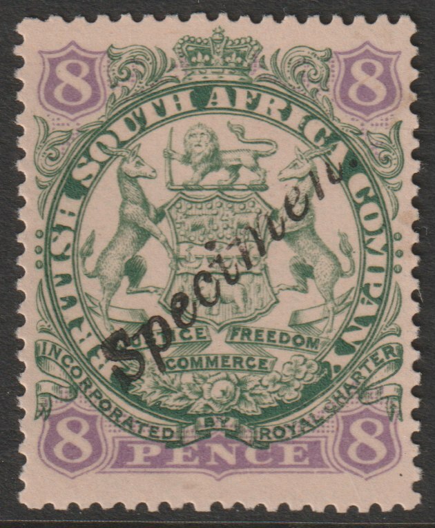 Rhodesia 1896 Arms die I - 8d overprinted SPECIMEN (locally) fine with gum as SG34s, stamps on specimens