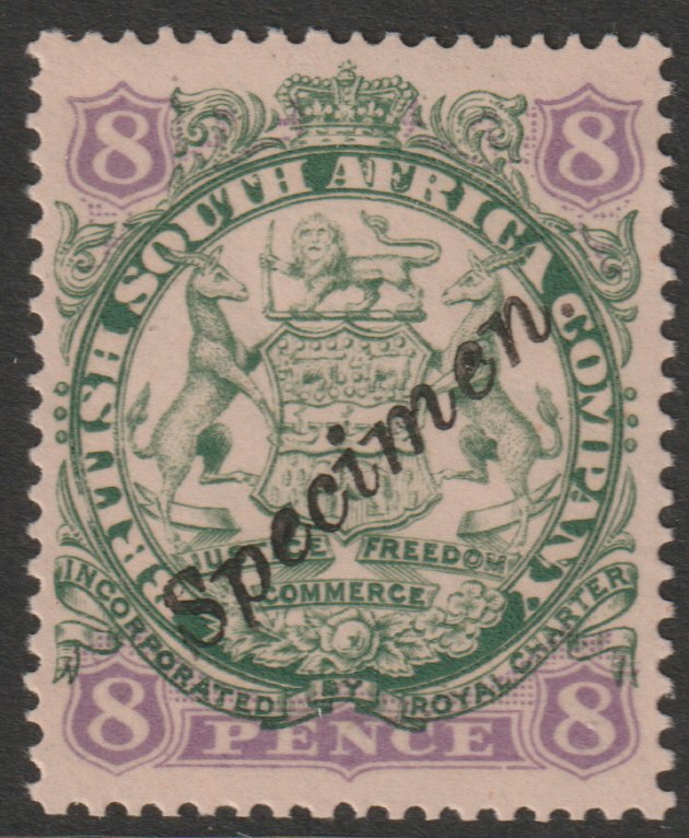 Rhodesia 1896 Arms die I - 8d overprinted SPECIMEN (locally) fine with gum as SG34s, stamps on specimens