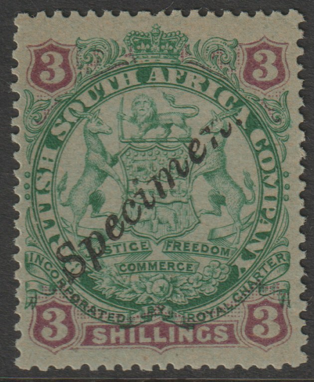 Rhodesia 1896 Arms die I - 3s overprinted SPECIMEN (locally) fine with gum as SG36s, stamps on specimens
