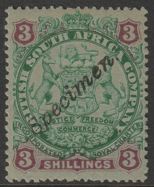 Rhodesia 1896 Arms die I - 3s overprinted SPECIMEN (locally) fine with gum as SG36s, stamps on specimens