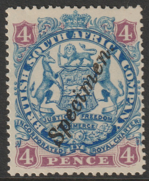 Rhodesia 1896 Arms die II - 4d overprinted SPECIMEN (locally) fine with gum as SG44s, stamps on , stamps on  stamps on specimens