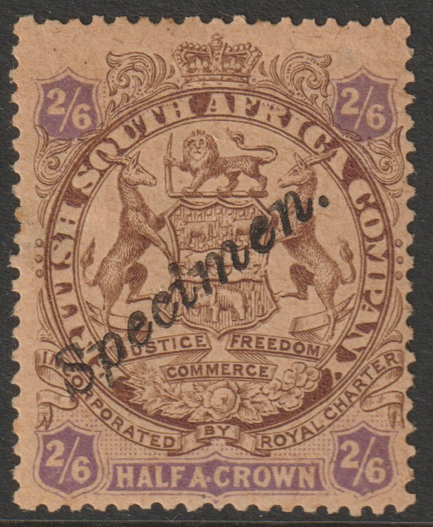 Rhodesia 1896 Arms die II - 2s overprinted SPECIMEN (locally) toned and small thin as SG48s, stamps on specimens