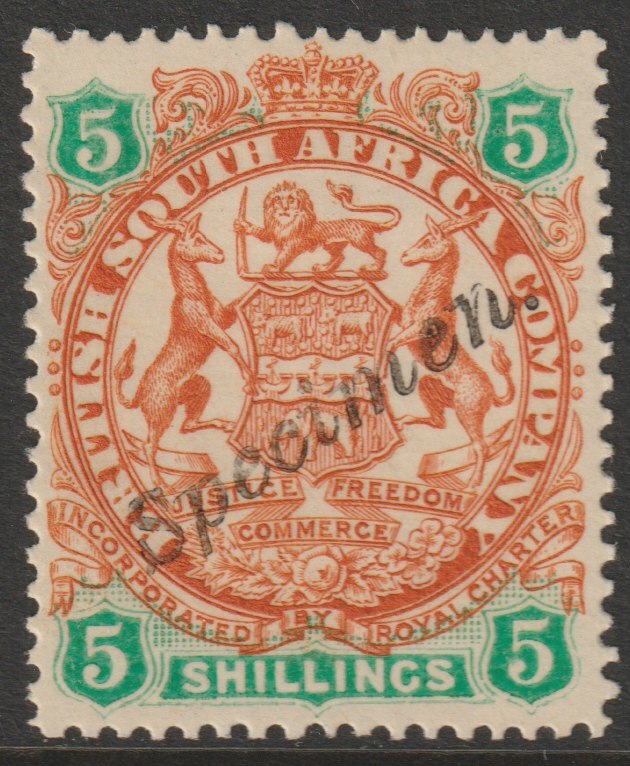 Rhodesia 1896 Arms die II - 5s overprinted SPECIMEN (locally) fine with gum as SG49s, stamps on , stamps on  stamps on specimens