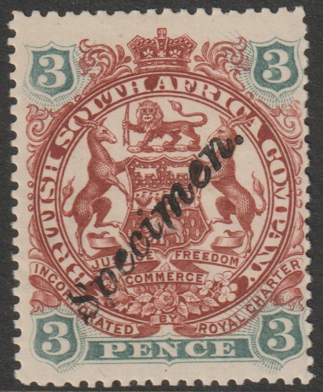 Rhodesia 1897 Arms 3d overprinted SPECIMEN (locally) fine with gum as SG69s, stamps on specimens