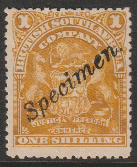 Rhodesia 1898 Arms 1s overprinted SPECIMEN (locally) without gum as SG84s, stamps on , stamps on  stamps on specimens