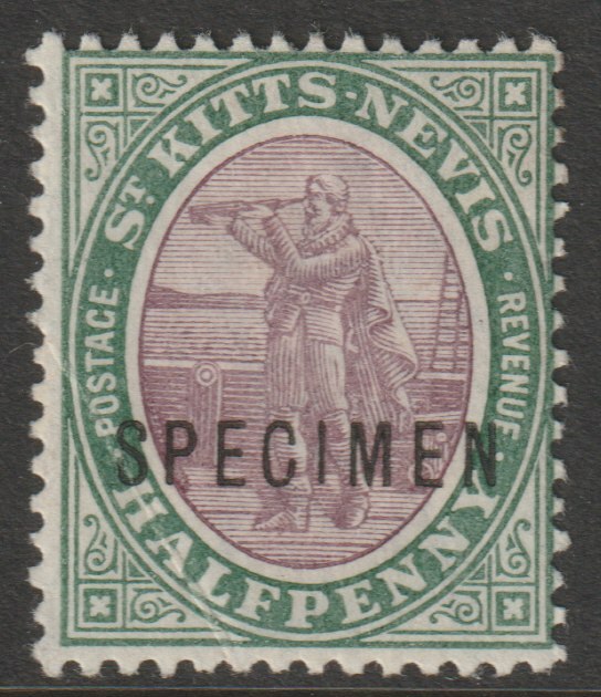 St Kitts-Nevis 1903 Columbus & Medicinal Spring Issue Crown CA 1/2d overprinted SPECIMEN with gum but light crease, only 750 produced SG 1s, stamps on specimens