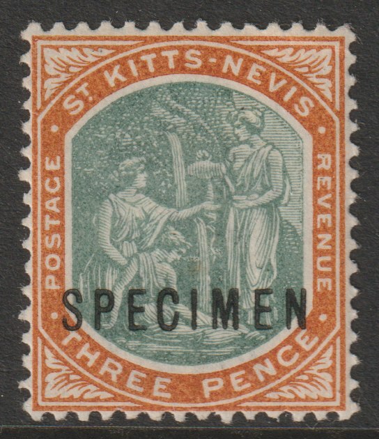St Kitts-Nevis 1903 Columbus & Medicinal Spring Issue Crown CA 3d overprinted SPECIMEN with gum, only 750 produced SG 5s, stamps on specimens