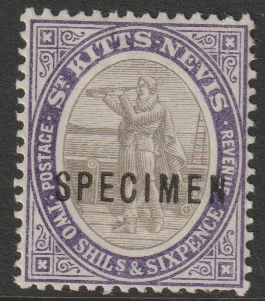 St Kitts-Nevis 1903 Columbus & Medicinal Spring Issue Crown CA 2s6d overprinted SPECIMEN fine with gum, only 750 produced SG 9s, stamps on specimens