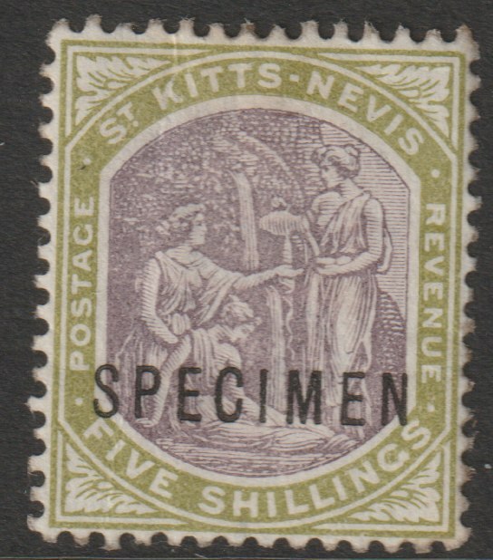 St Kitts-Nevis 1903 Columbus & Medicinal Spring Issue Crown CA 5s overprinted SPECIMEN with gum, only 750 produced SG 10s, stamps on specimens
