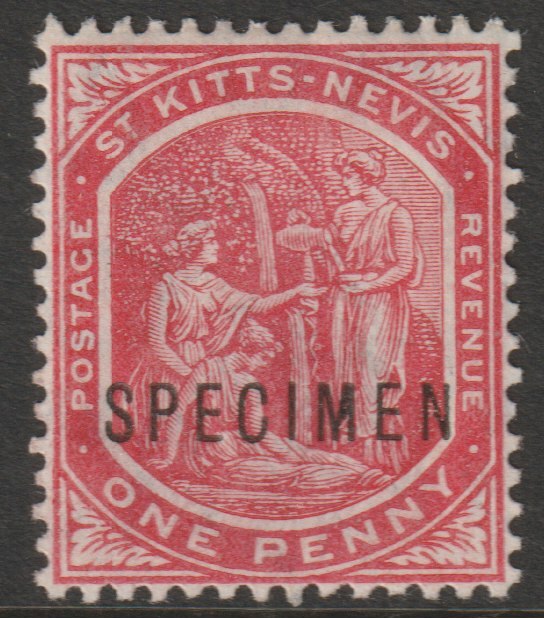 St Kitts-Nevis 1905 Columbus & Medicinal Spring Issue MCA 1d overprinted SPECIMEN fine with gum, only 750 produced SG 14s, stamps on specimens