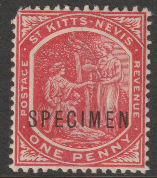 St Kitts-Nevis 1905 Columbus & Medicinal Spring Issue MCA 1d overprinted SPECIMEN fine with gum, only 750 produced SG 14s, stamps on specimens