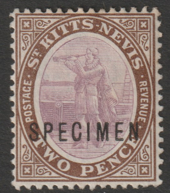 St Kitts-Nevis 1903 Columbus & Medicinal Spring Issue Crown CA 2d overprinted SPECIMEN without gum, only 750 produced SG 3s, stamps on specimens