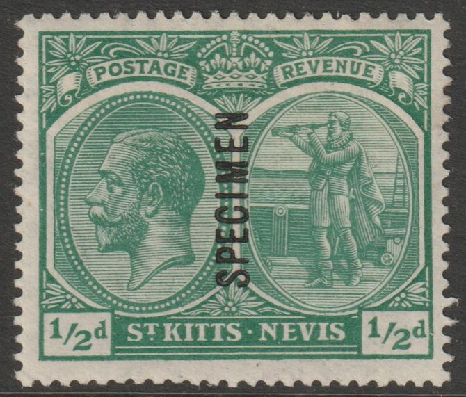 St Kitts-Nevis 1920 KG5 Pictorial MCA 1/2d overprinted SPECIMEN with gum, only about 400 produced SG24s, stamps on specimens